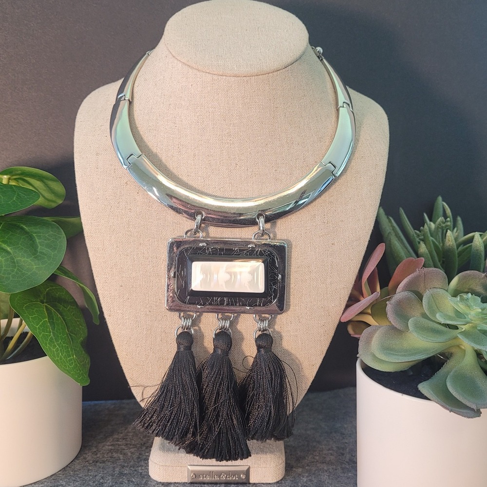 Chico's Silver Tone Choker Collar Necklace Tassel Fringe Statement Jewelry